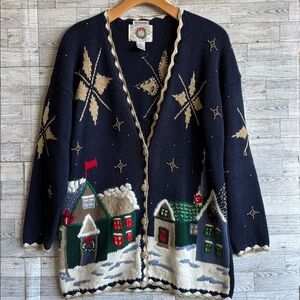 Vintage Cardigan Sweater Holiday Village‎ Christopher Banks beaded winter medium